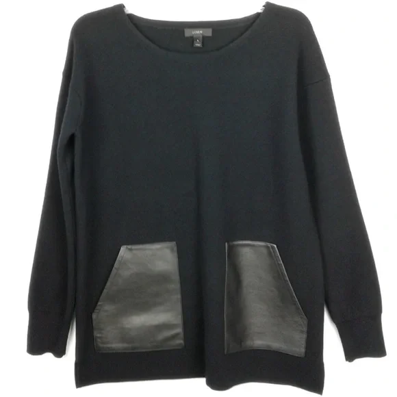 J.Crew 100% Merino Wool Leather Pocket Tunic Sweater Black Longline Style 02624 - Picture 7 of 16